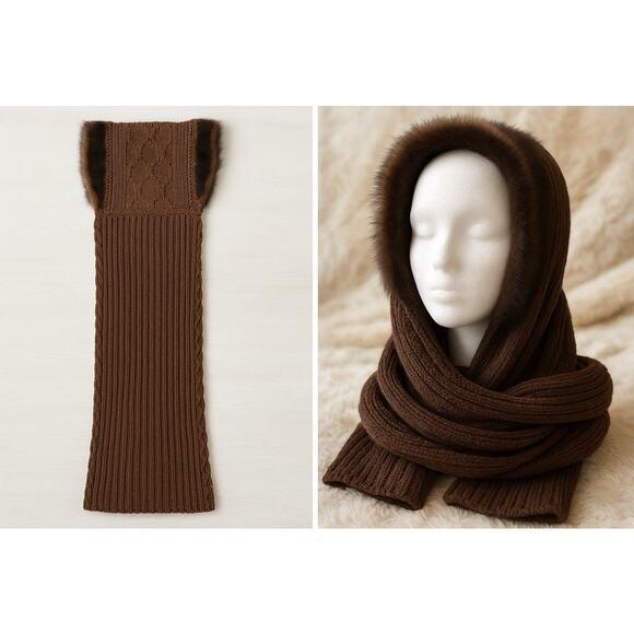 Vintage Brown Knit Hooded Scarf Snood Wrap w/ Faux Fur Trim Winter Cozy - Picture 2 of 6